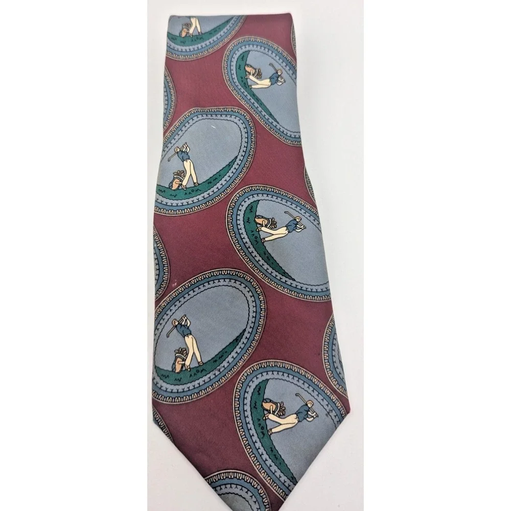 Flying Scotsman Collection Mens Silk Tie Vintage Golf Scene Made in USA Maroon